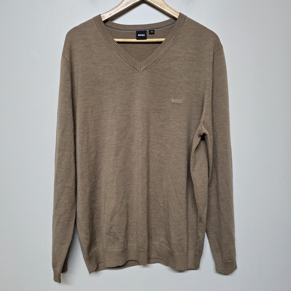HUGO BOSS Sweater Logo V neck Beige Brown Camel Wool Pullover Sz XXL 2XL Preppy‎